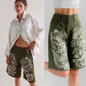 NWT We The Free People Cruisin' Soutache olive green embroidered Long Shorts